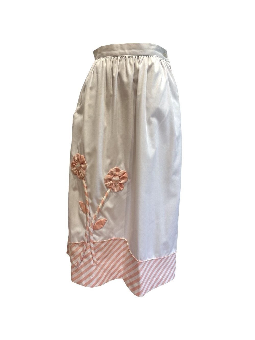 70s CATHERINE CARR COTTON WHITE W PINK FLORAL & STRIPED APPLIQUÉ MIDI SKIRT SZ S